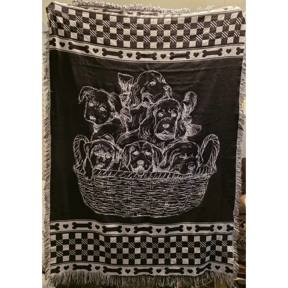 Vtg Basket Of Puppies Tapestry Throw Blanket 45
